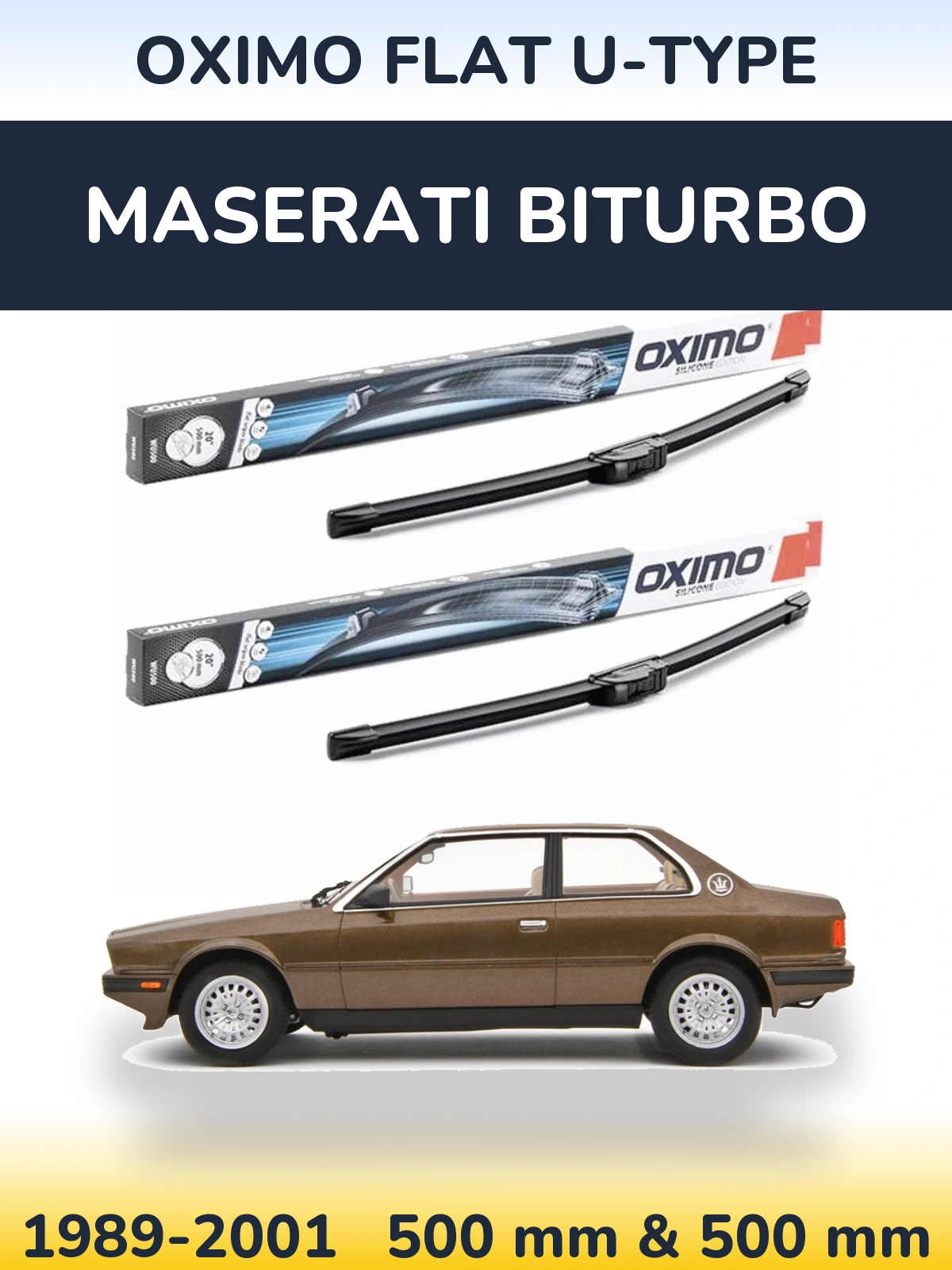 Front wiper blade set Oximo Flat U-type 500 & 500 mm for Maserati Biturbo 1989-2001