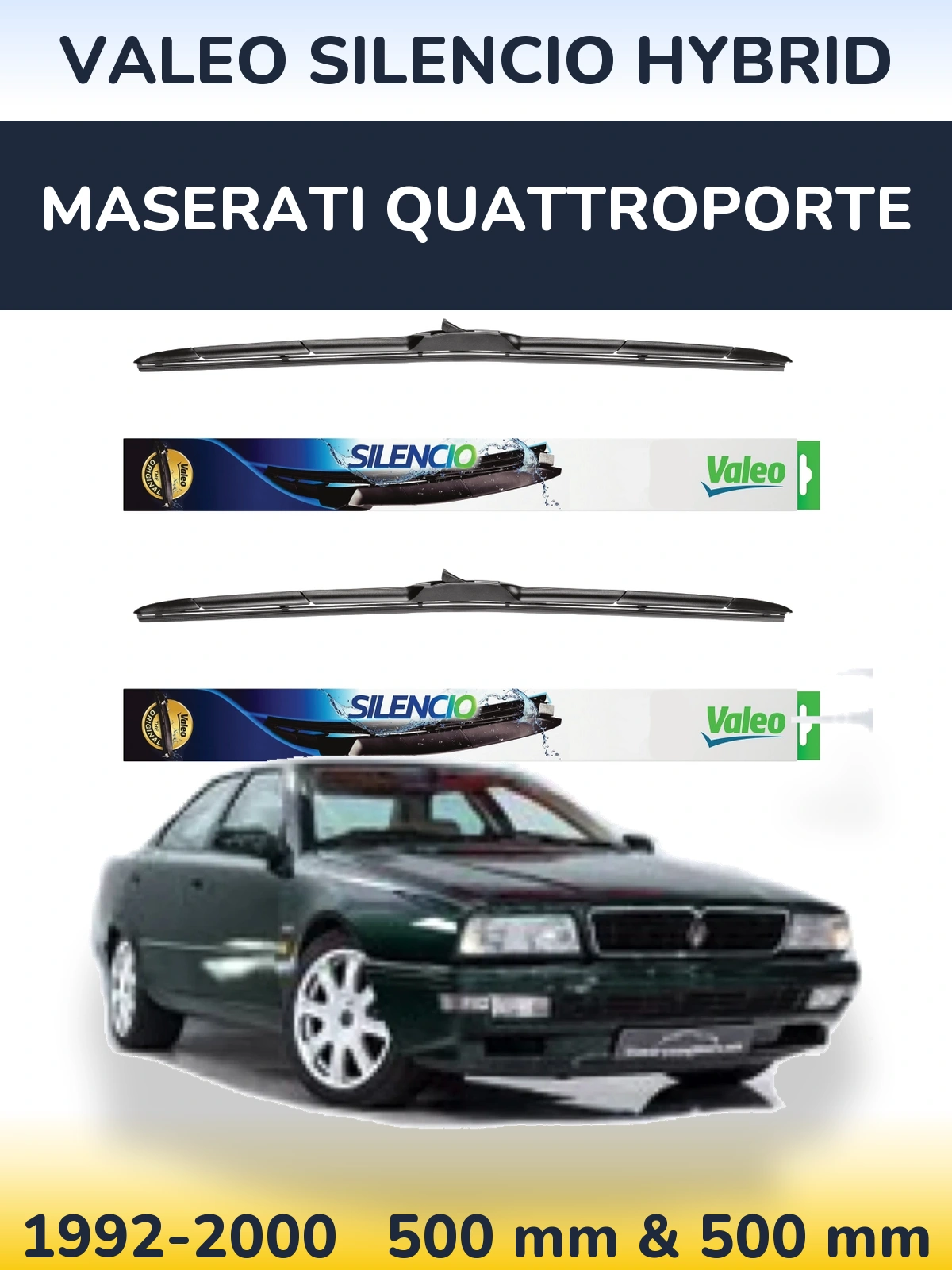 Front wiper blade set Valeo Silencio Hybrid 500 & 500 mm for Maserati Quattroporte 1992-2000
