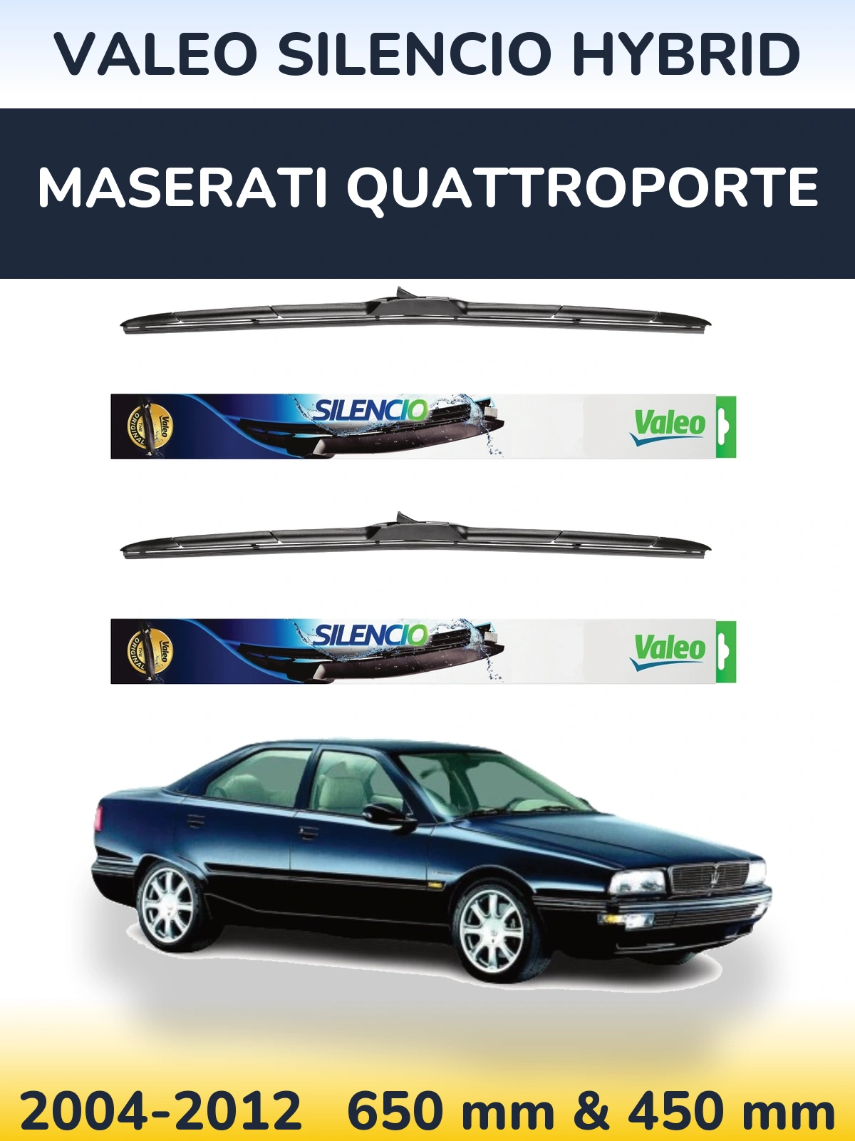 Front wiper blade set Valeo Silencio Hybrid 650 & 450 mm for Maserati Quattroporte 2004-2012