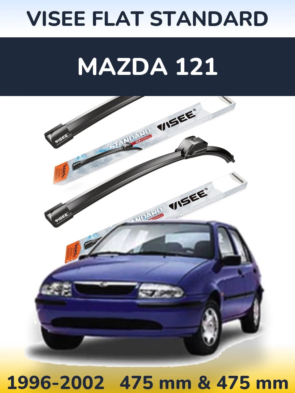 Front wiper blade set VISEE FLAT STANDARD 475 & 475 mm for Mazda 121 1996-2002