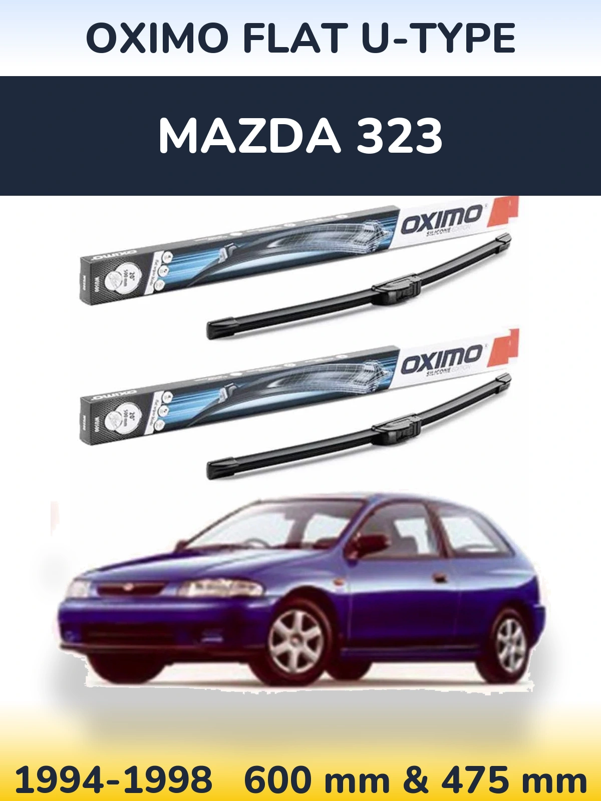 Front wiper blade set Oximo Flat U-type 600 & 475 mm for Mazda 323 1994-1998
