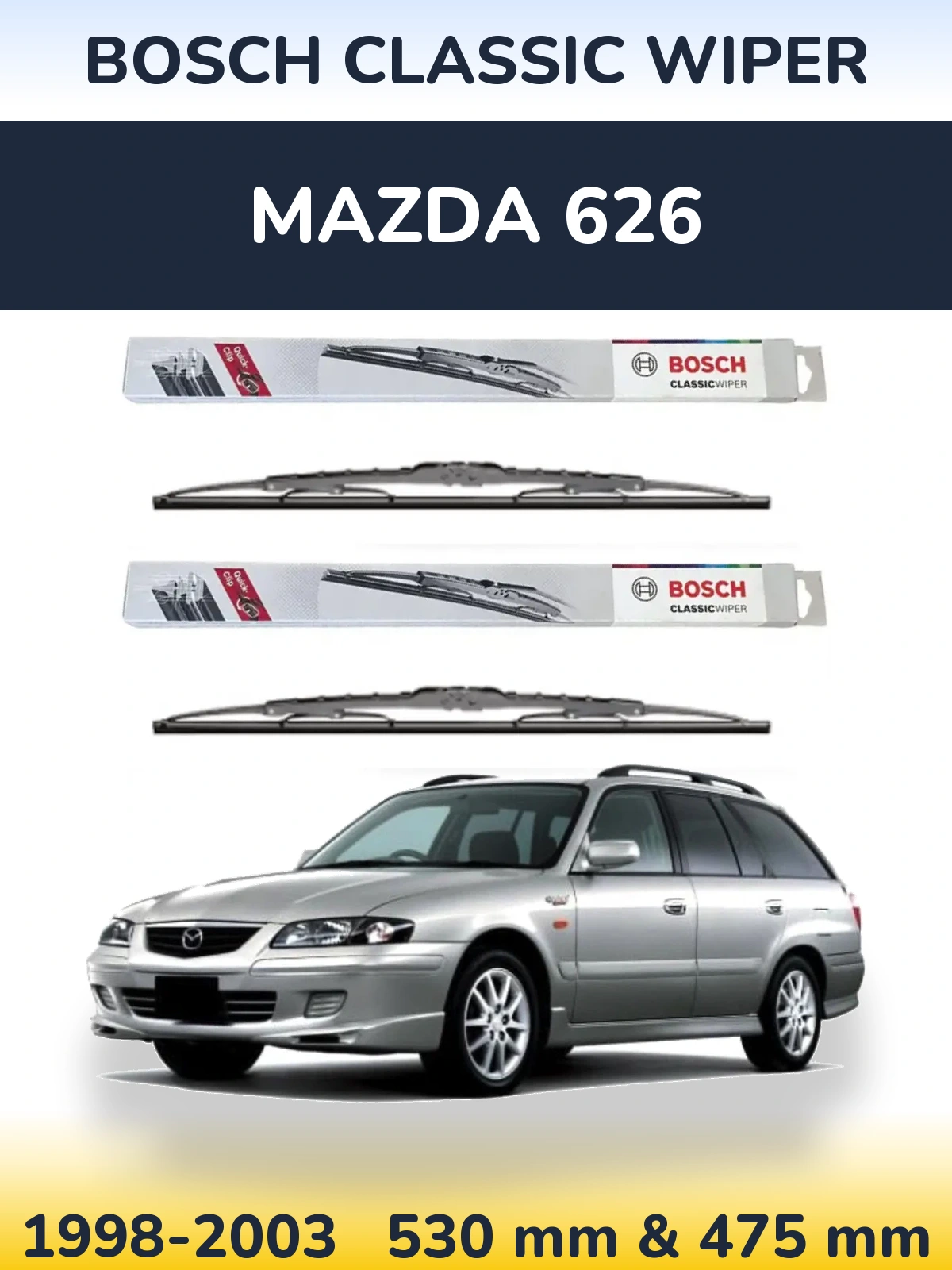 Front wiper blade set BOSCH Classic Wiper 530 & 475 mm for Mazda 626 1998-2003