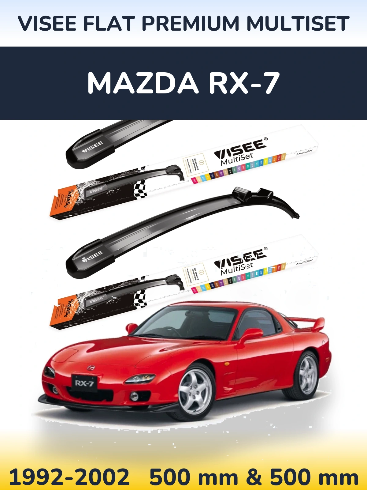 Front wiper blade set VISEE FLAT PREMIUM MultiSet 500 & 500 mm for Mazda RX-7 1992-2002