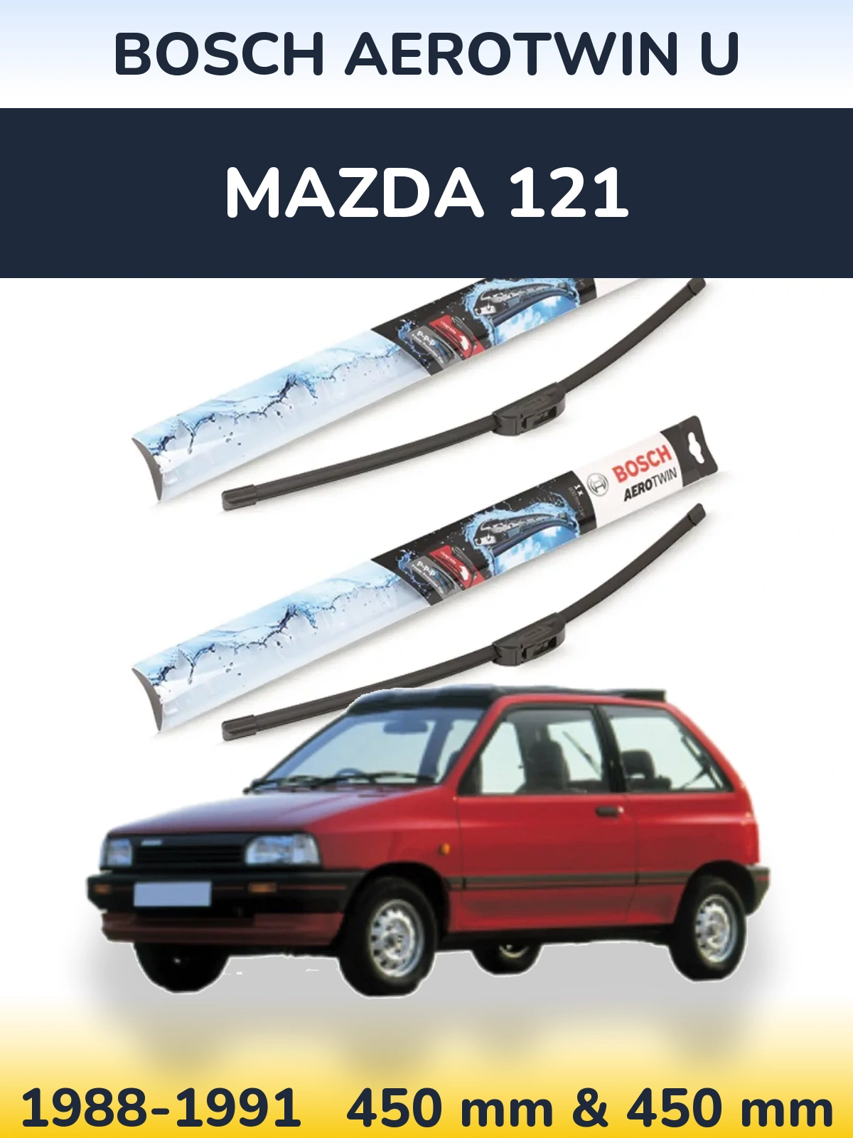Front wiper blade set BOSCH AeroTwin U 450 & 450 mm for Mazda 121 1988-1991