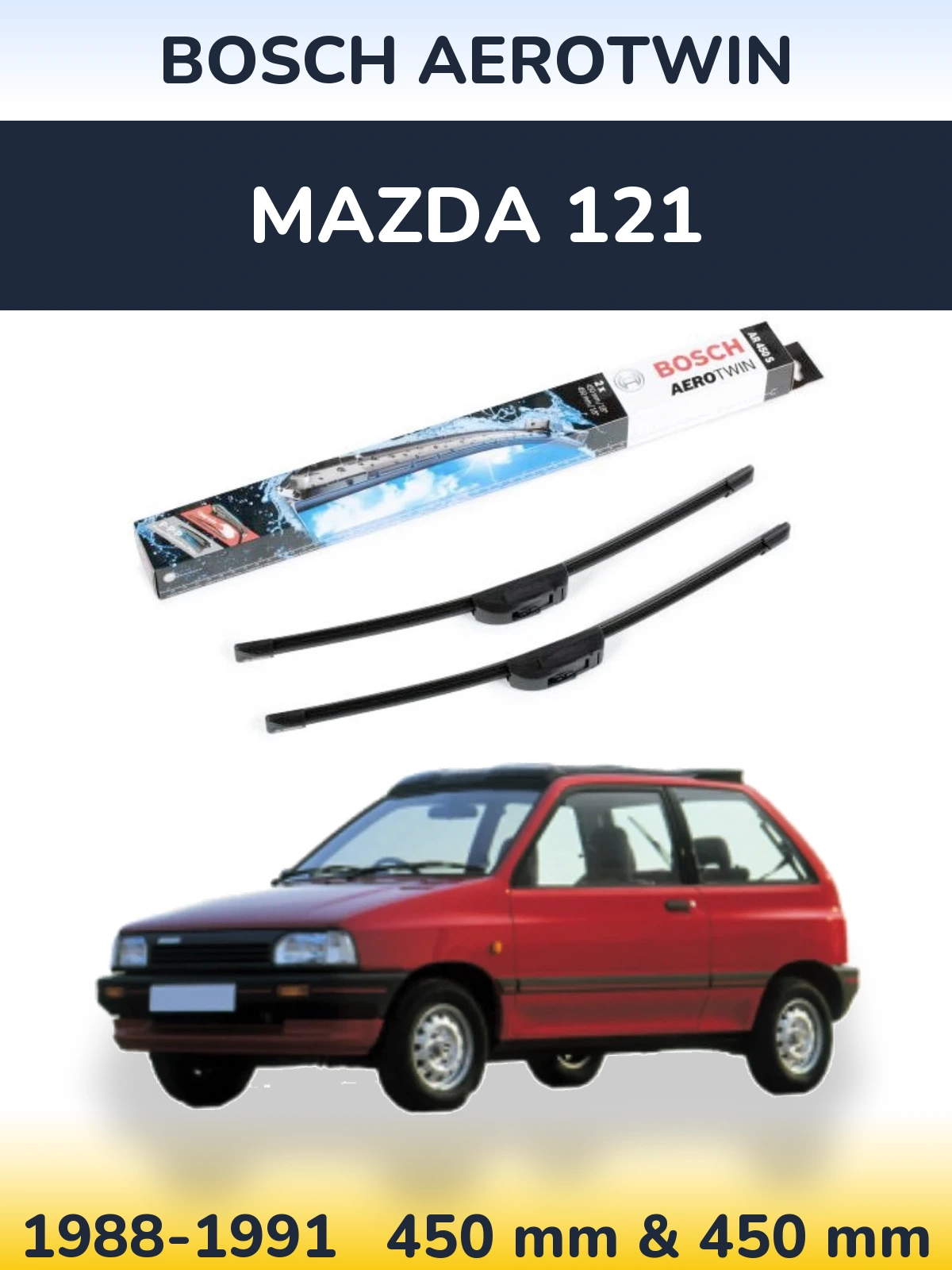 Front wiper blade set BOSCH AeroTwin 450 & 450 mm for Mazda 121 1988-1991