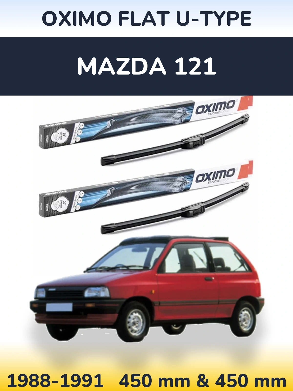 Front wiper blade set Oximo Flat U-type 450 & 450 mm for Mazda 121 1988-1991