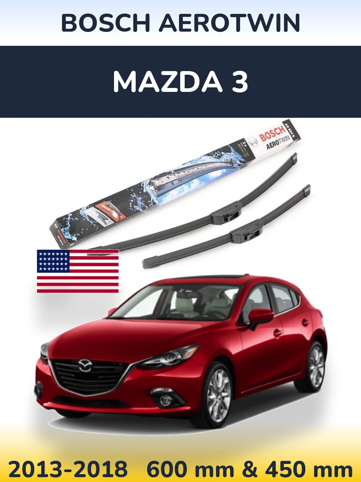Front wiper blade set BOSCH AeroTwin 600 & 450 mm for Mazda 3 2013-2018