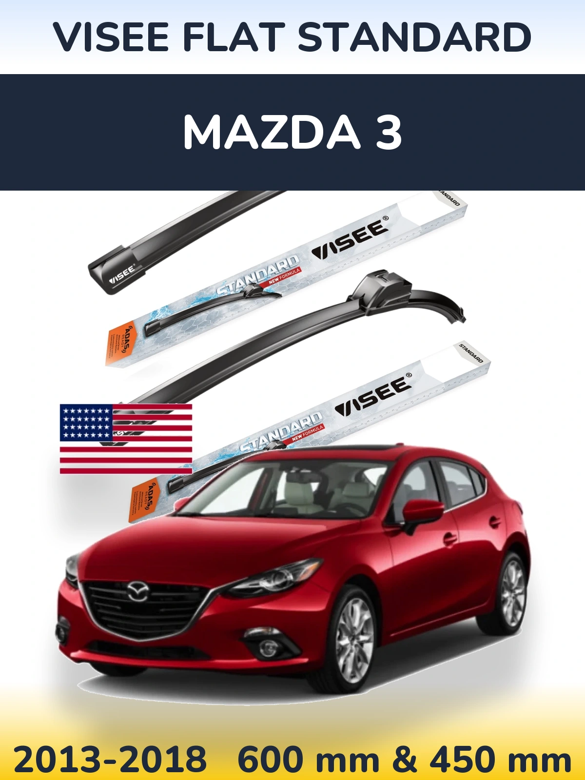 Front wiper blade set VISEE FLAT STANDARD 600 & 450 mm for Mazda 3 2013-2018