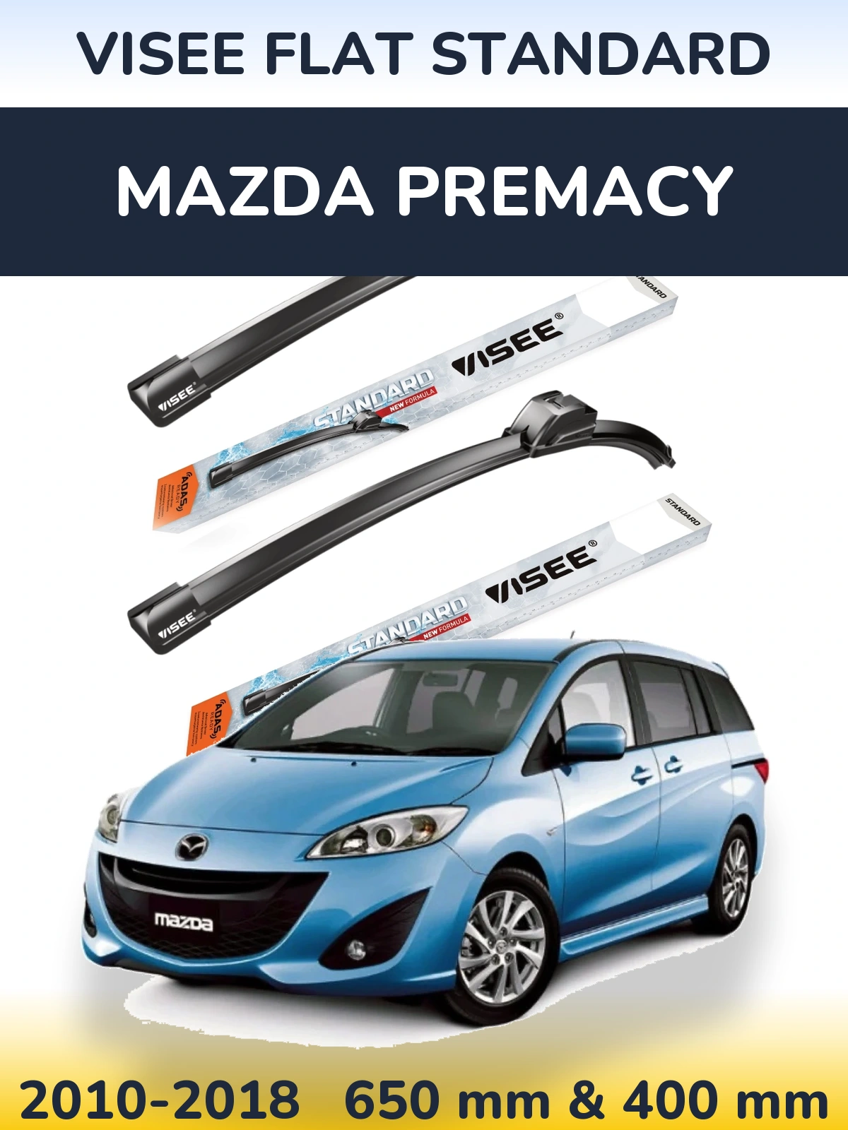 Front wiper blade set VISEE FLAT STANDARD 650 & 400 mm for Mazda Premacy 2010-2018