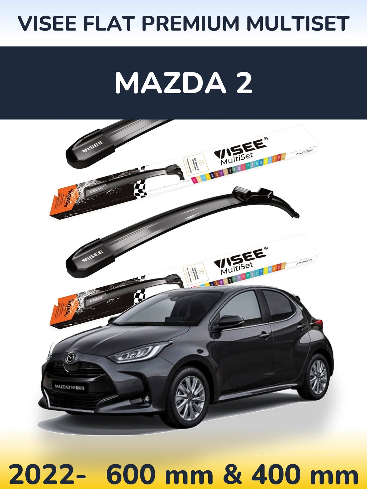 Front wiper blade set VISEE FLAT PREMIUM MultiSet 600 & 400 mm for Mazda 2 2022-2026