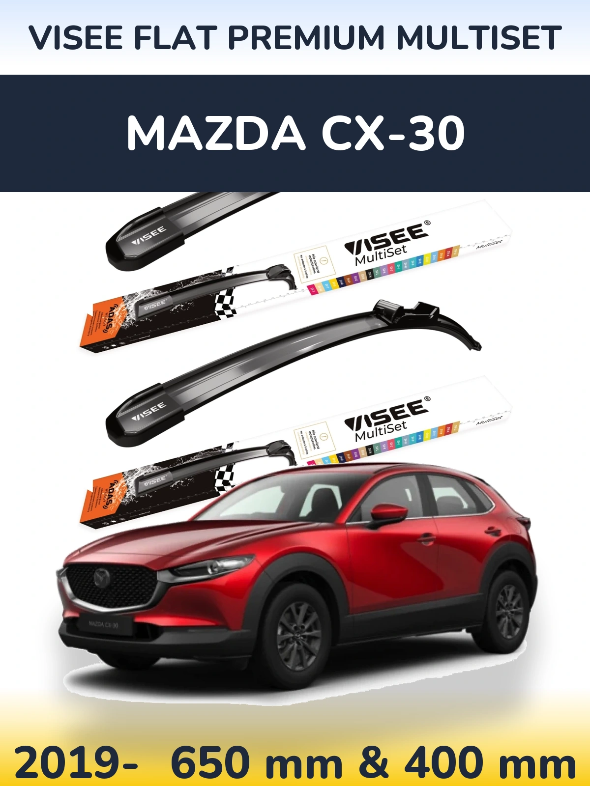 Front wiper blade set VISEE FLAT PREMIUM MultiSet 650 & 400 mm for Mazda CX-30 2019-2026