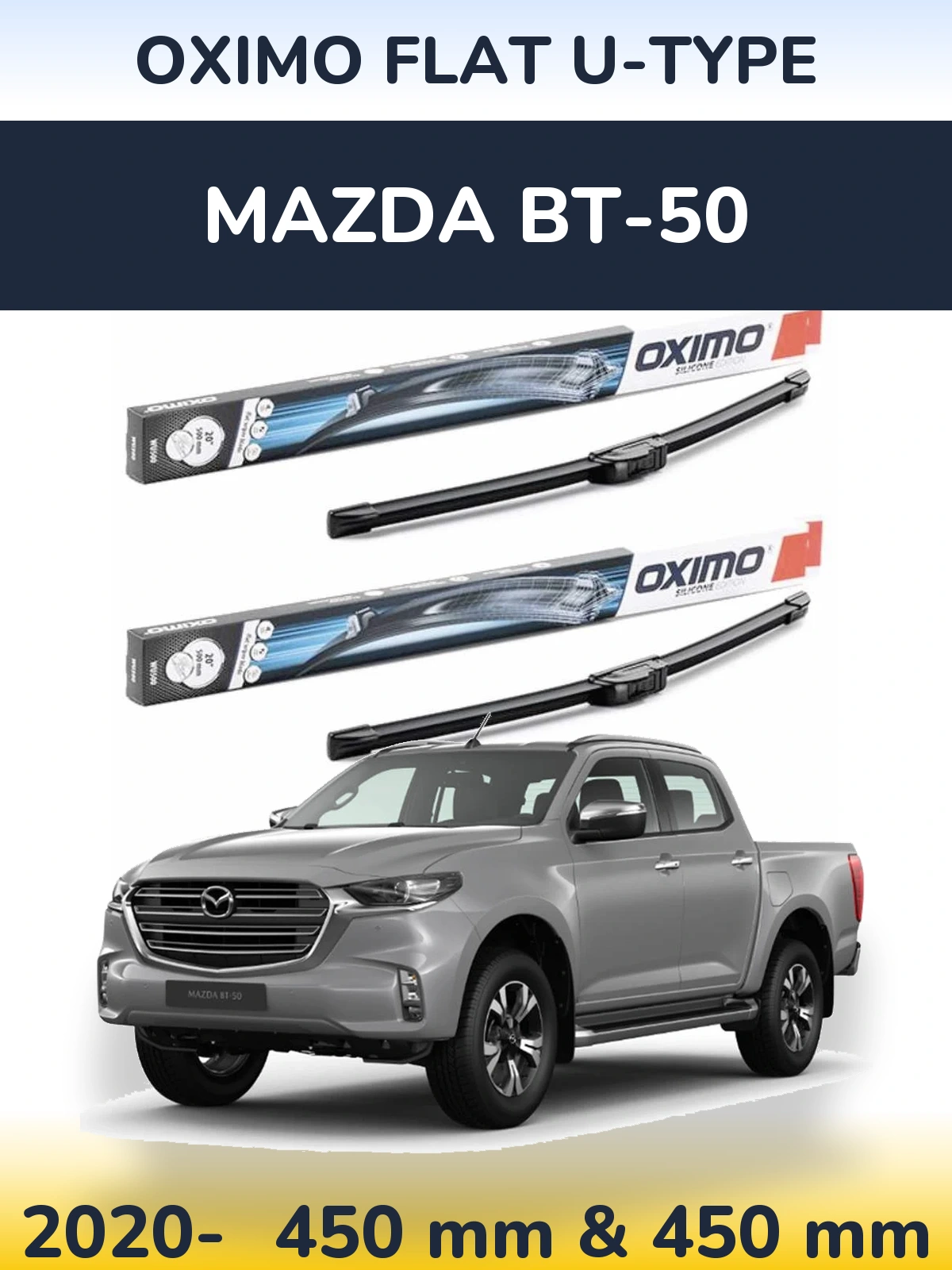 Front wiper blade set Oximo Flat U-type 450 & 450 mm for Mazda BT-50 2020-2026