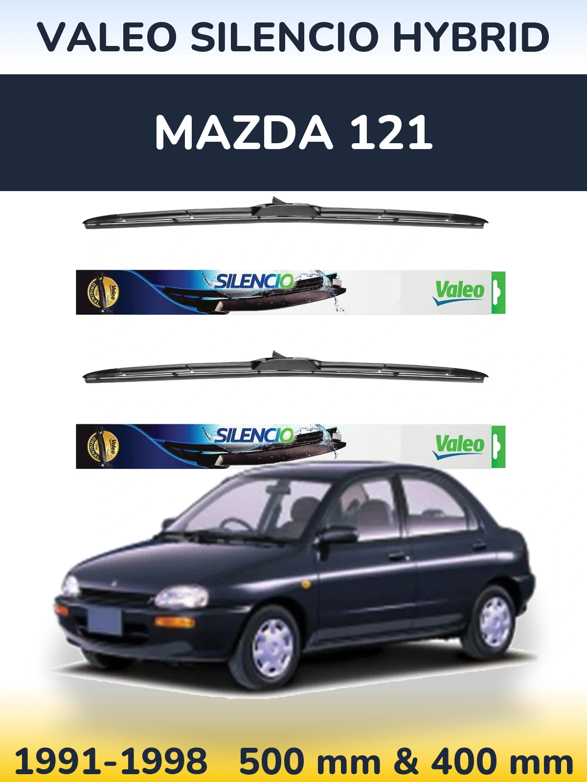 Front wiper blade set Valeo Silencio Hybrid 500 & 400 mm for Mazda 121 1991-1998
