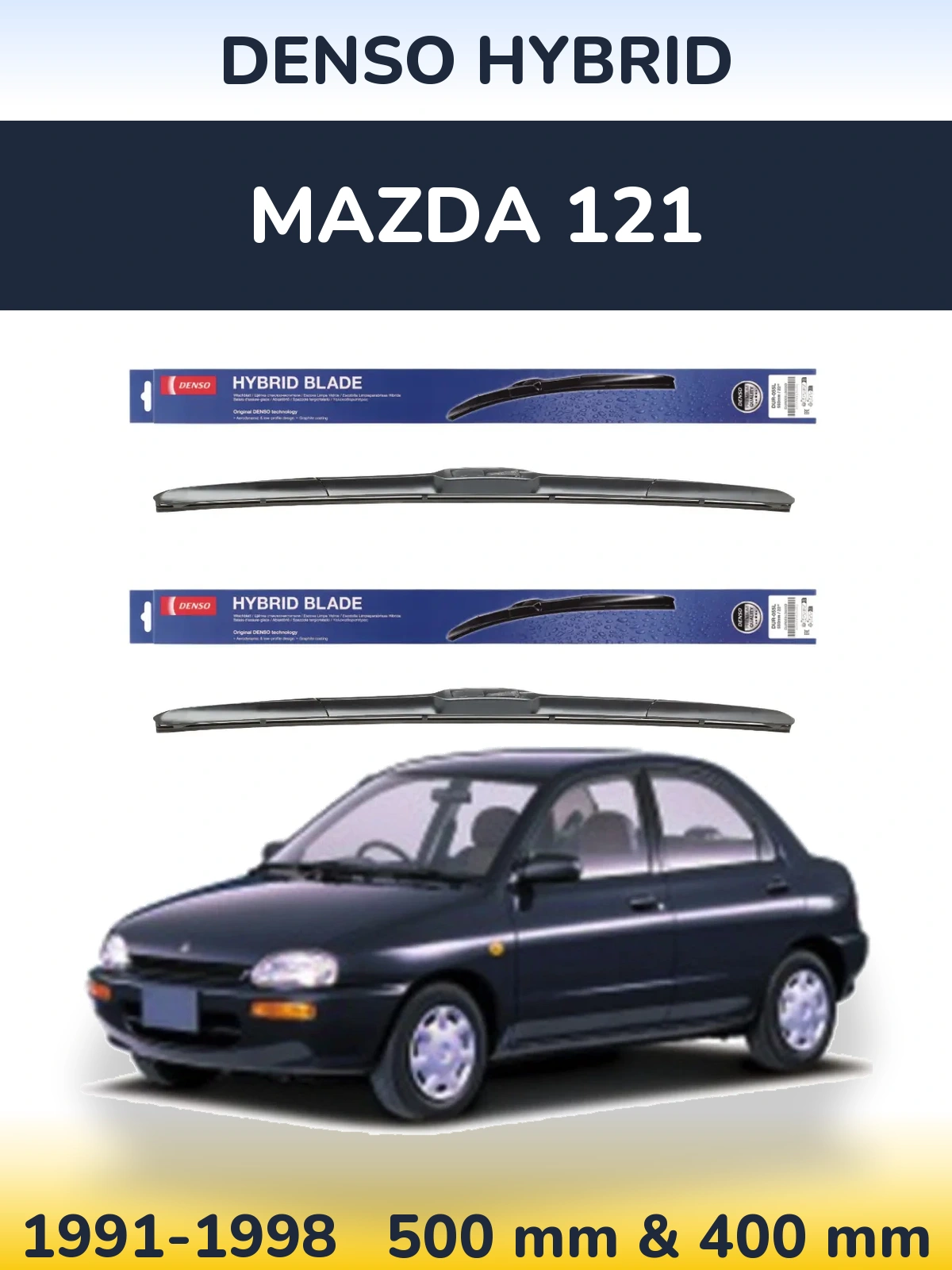 Front wiper blade set Denso Hybrid 500 & 400 mm for Mazda 121 1991-1998