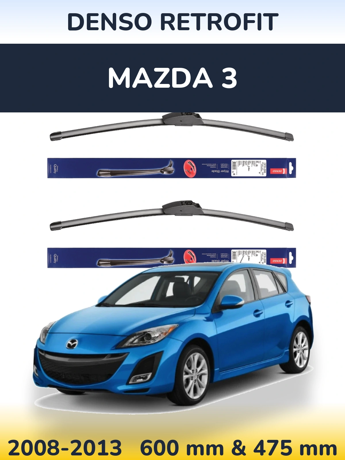 Front wiper blade set Denso Retrofit 600 & 475 mm for Mazda 3 2008-2013