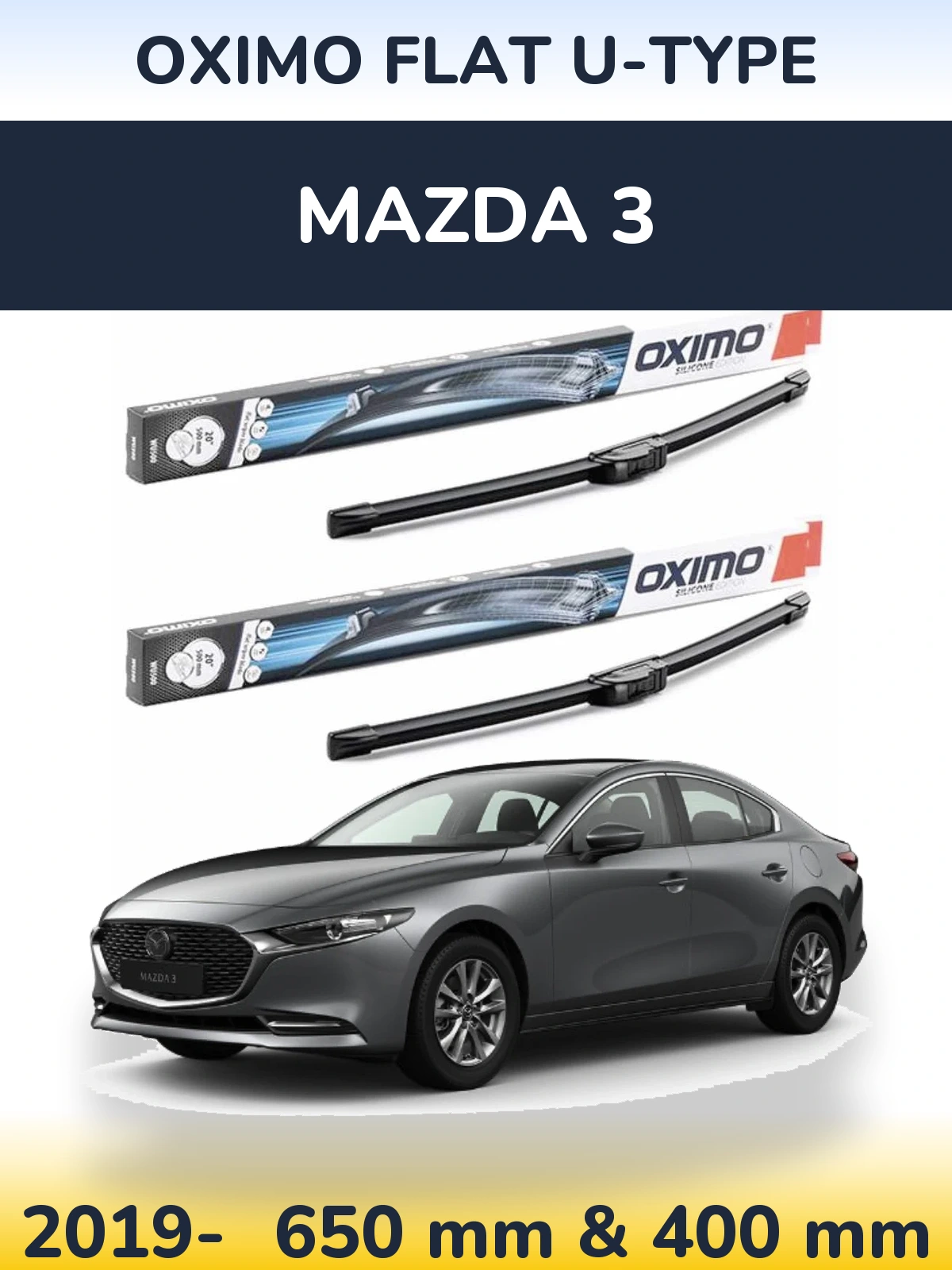Front wiper blade set Oximo Flat U-type 650 & 400 mm for Mazda 3 2019-2026