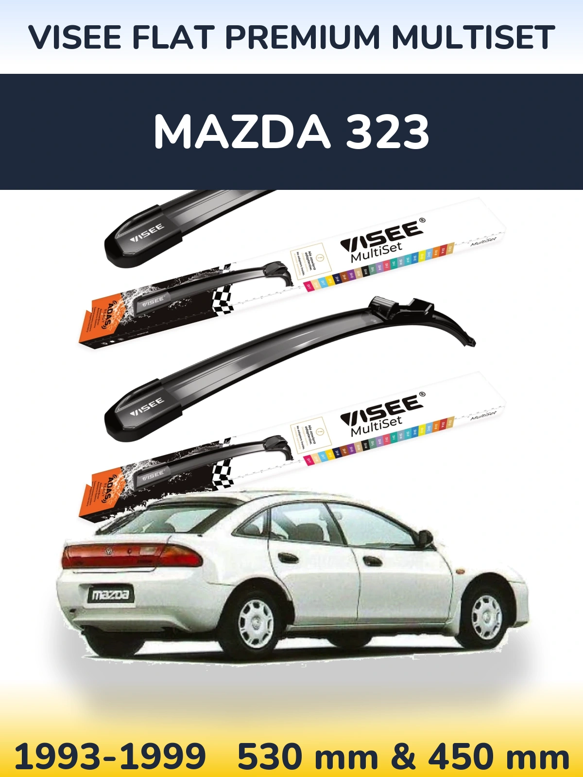 Front wiper blade set VISEE FLAT PREMIUM MultiSet 530 & 450 mm for Mazda 323 1993-1999