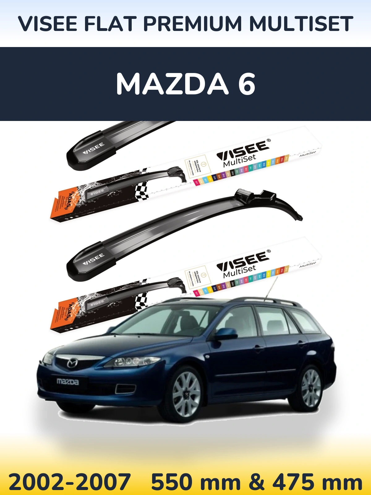 Front wiper blade set VISEE FLAT PREMIUM MultiSet 550 & 475 mm for Mazda 6 2002-2007