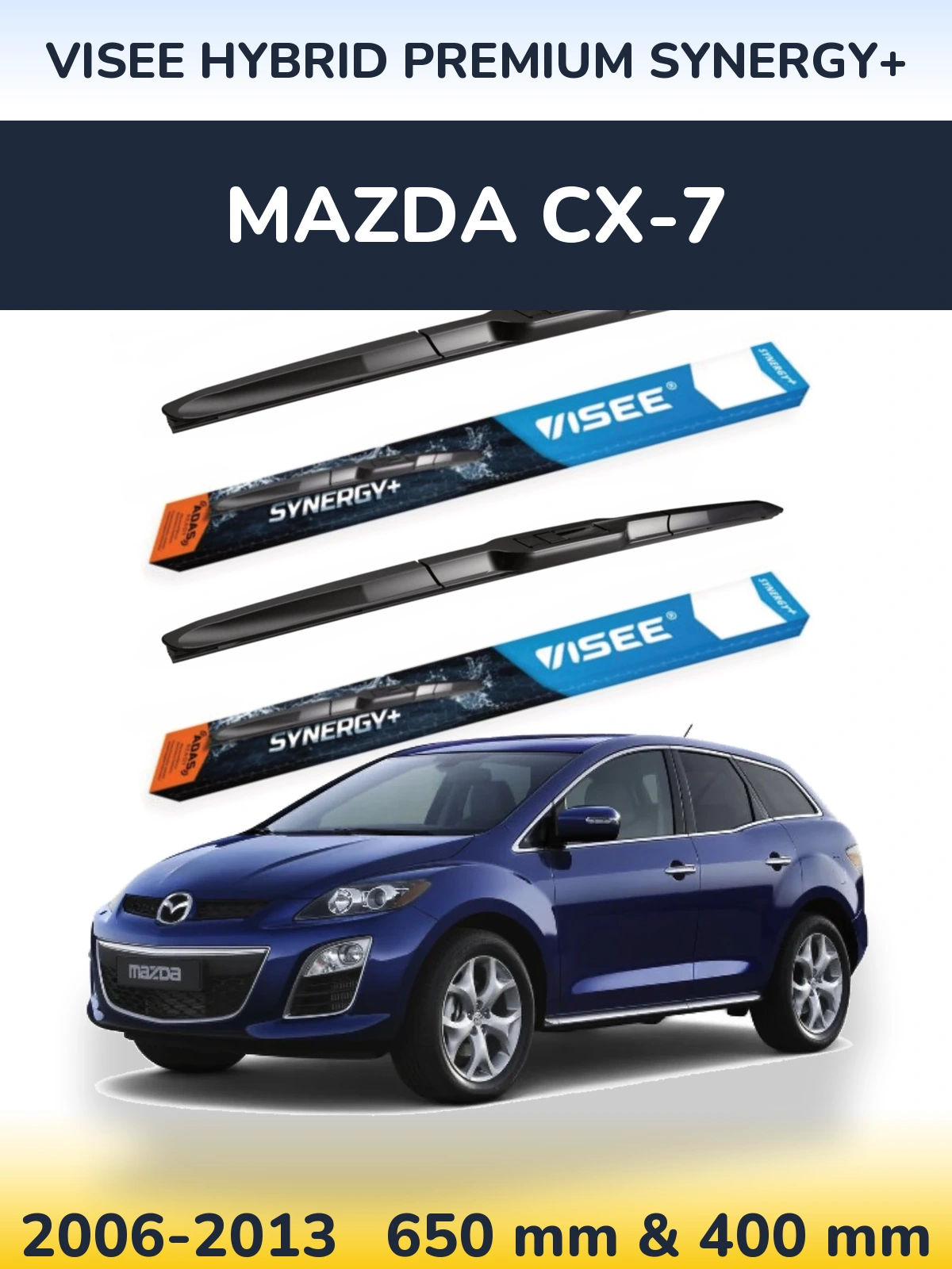 Front wiper blade set VISEE HYBRID PREMIUM SYNERGY+ 650 & 400 mm for Mazda CX-7 2006-2013
