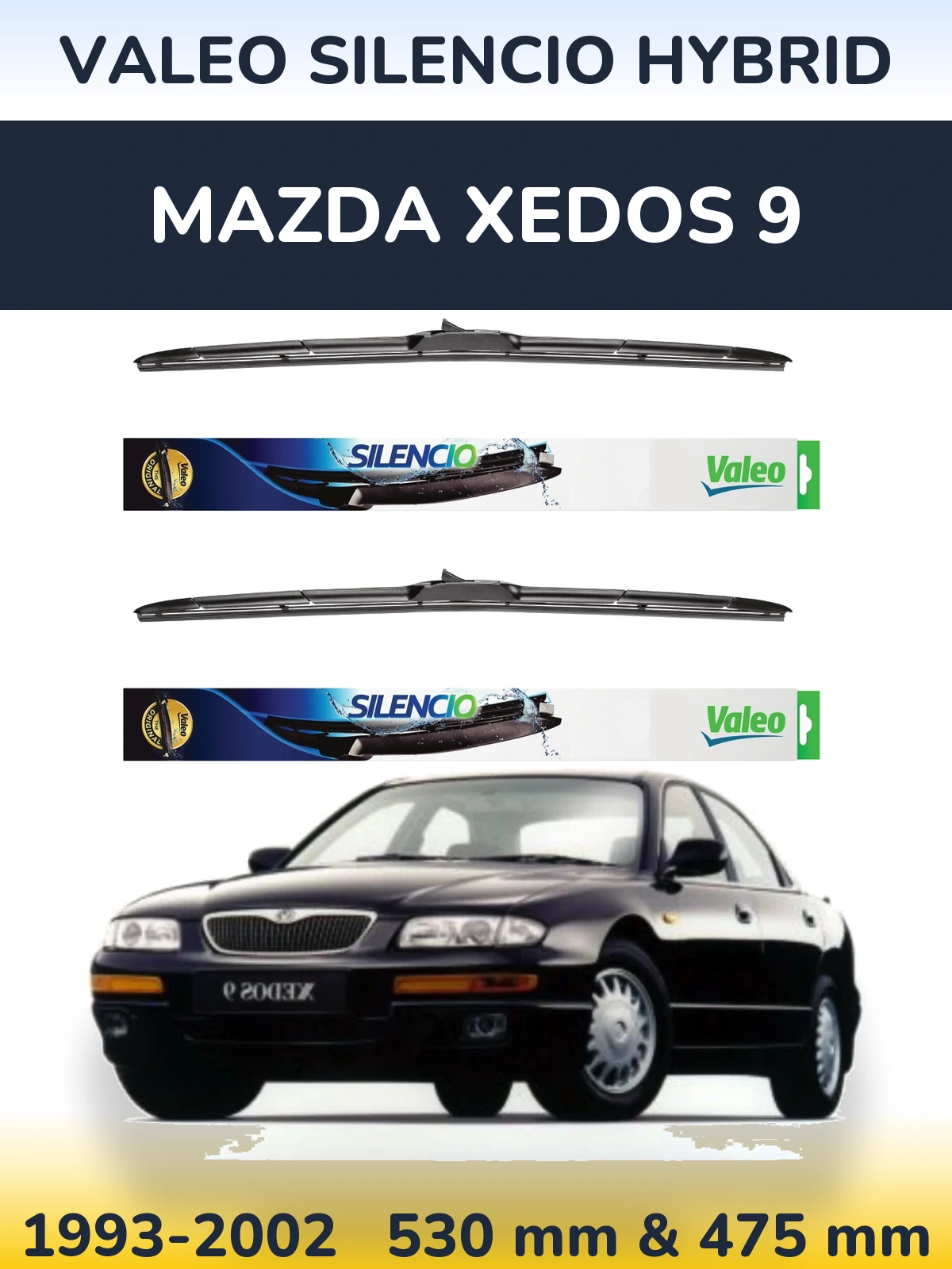 Front wiper blade set Valeo Silencio Hybrid 530 & 475 mm for Mazda Xedos 9 1993-2002