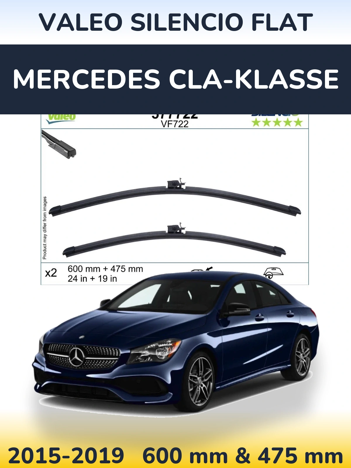 Front wiper blade set Valeo Silencio Flat 600 & 475 mm for Mercedes CLA-Klasse 2015-2019