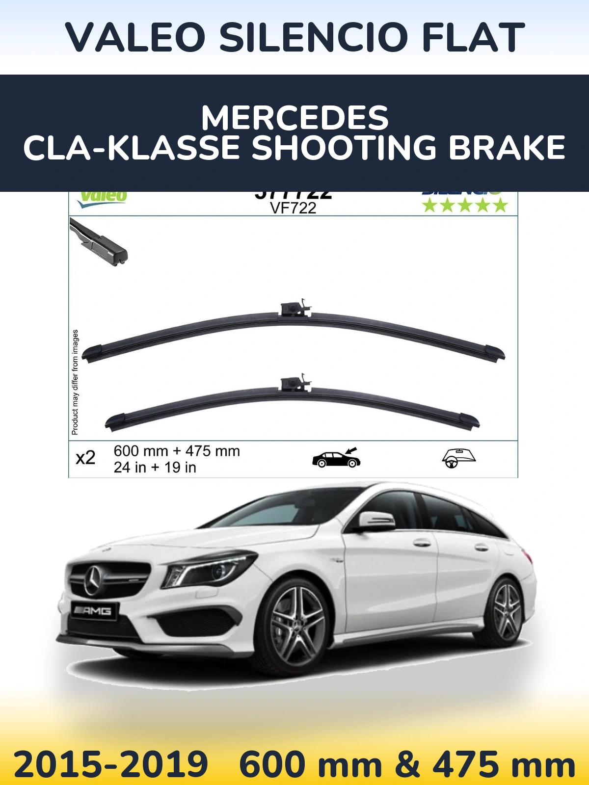 Front wiper blade set Valeo Silencio Flat 600 & 475 mm for Mercedes CLA-Klasse Shooting Brake 2015-2019