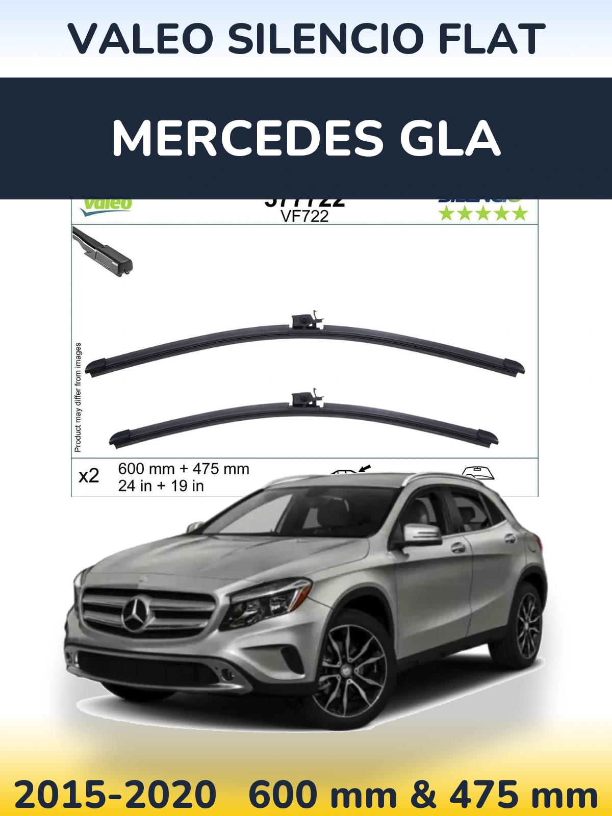 Front wiper blade set Valeo Silencio Flat 600 & 475 mm for Mercedes GLA 2015-2020