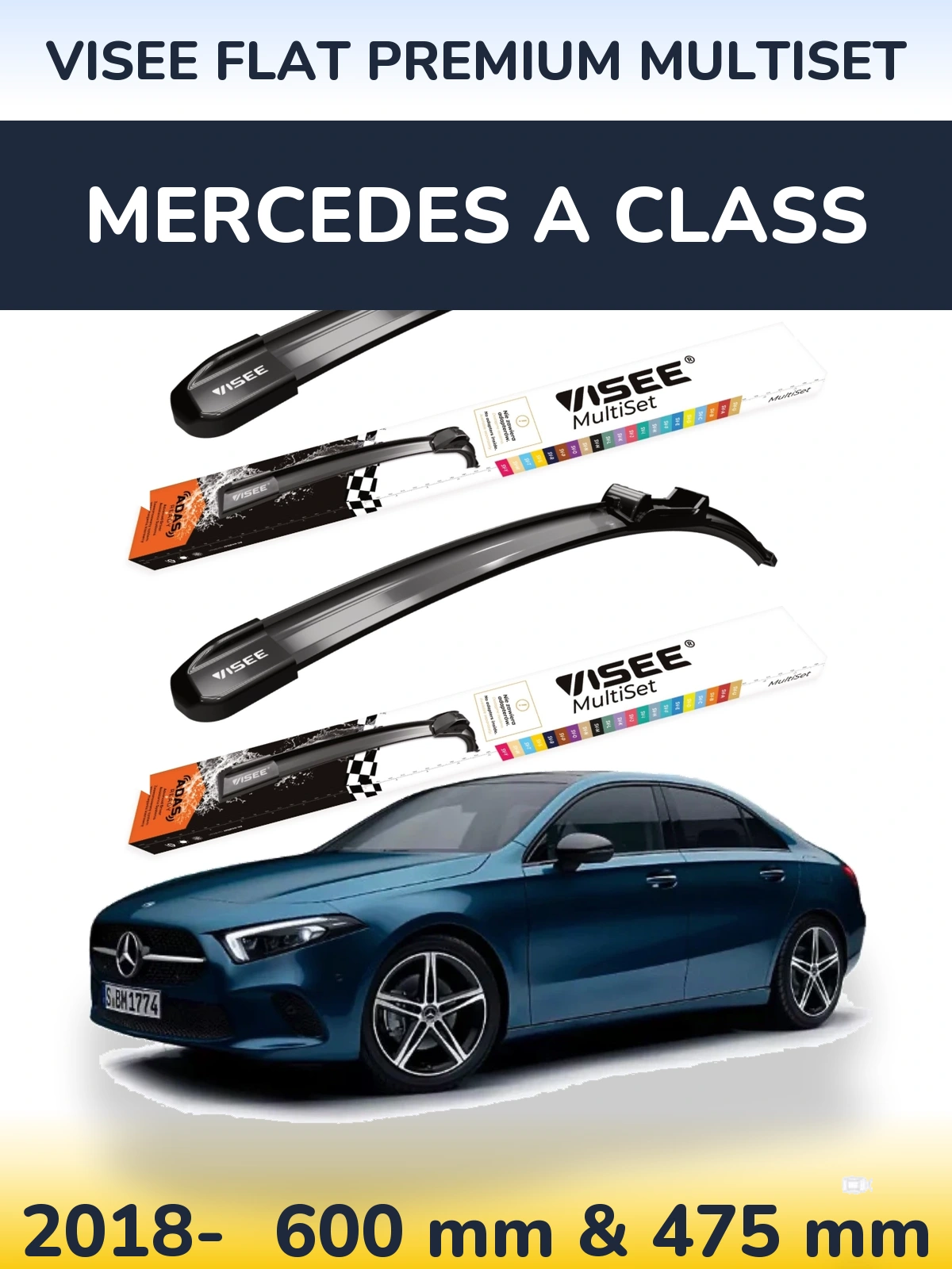 Front wiper blade set VISEE FLAT PREMIUM MultiSet 600 & 475 mm for Mercedes A Class 2018-2026