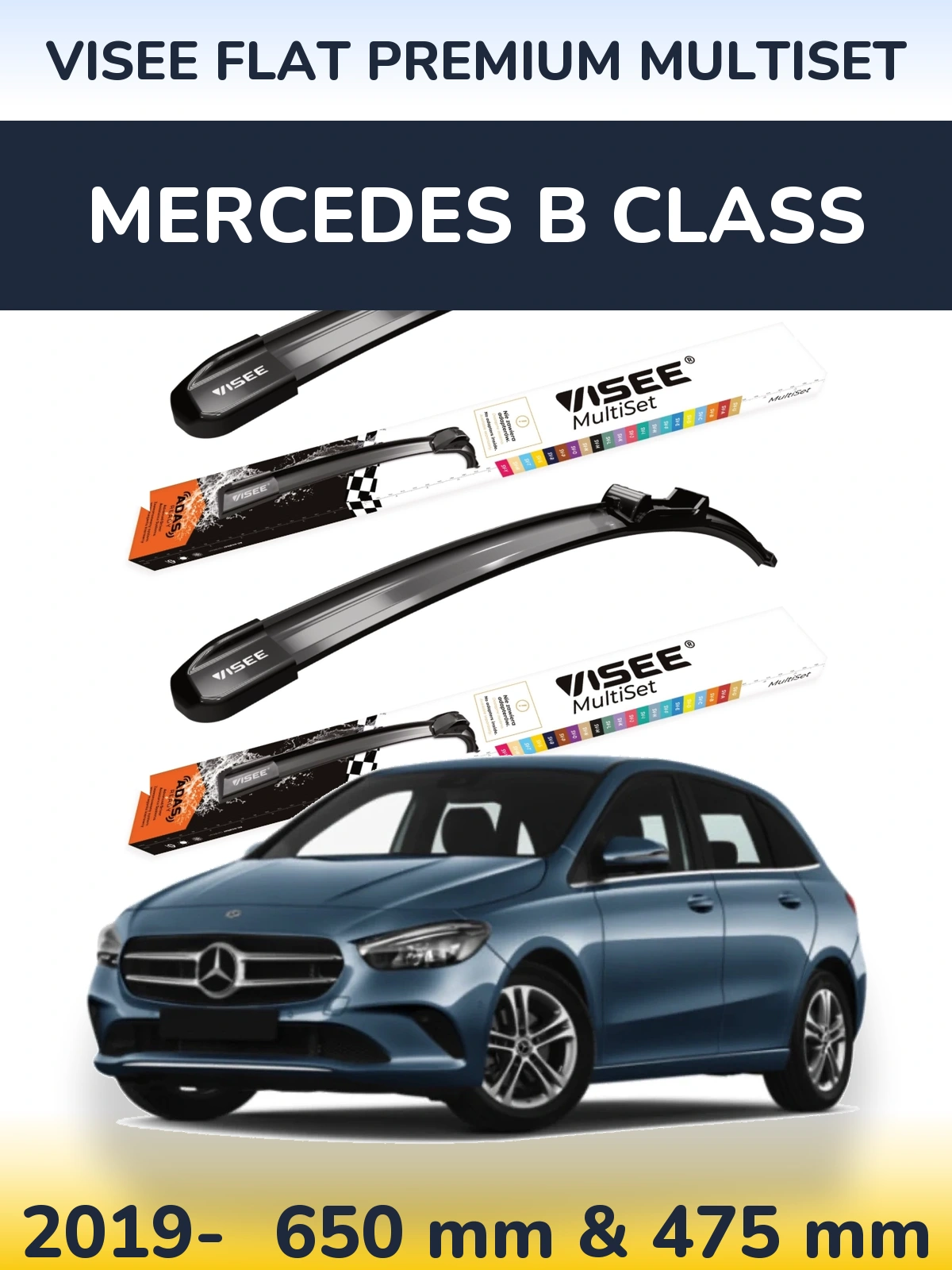 Front wiper blade set VISEE FLAT PREMIUM MultiSet 650 & 475 mm for Mercedes B Class 2019-2026