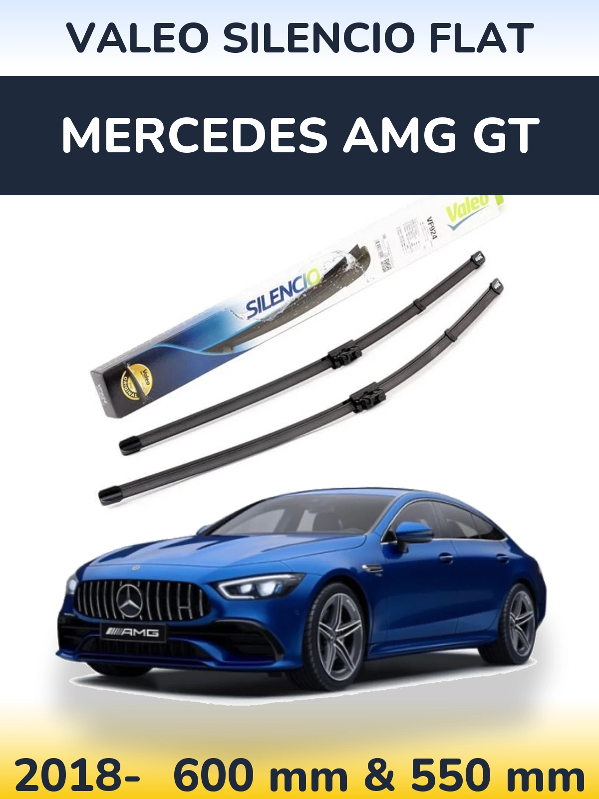 Front wiper blade set Valeo Silencio Flat 600 & 550 mm for Mercedes AMG GT 2018-2026