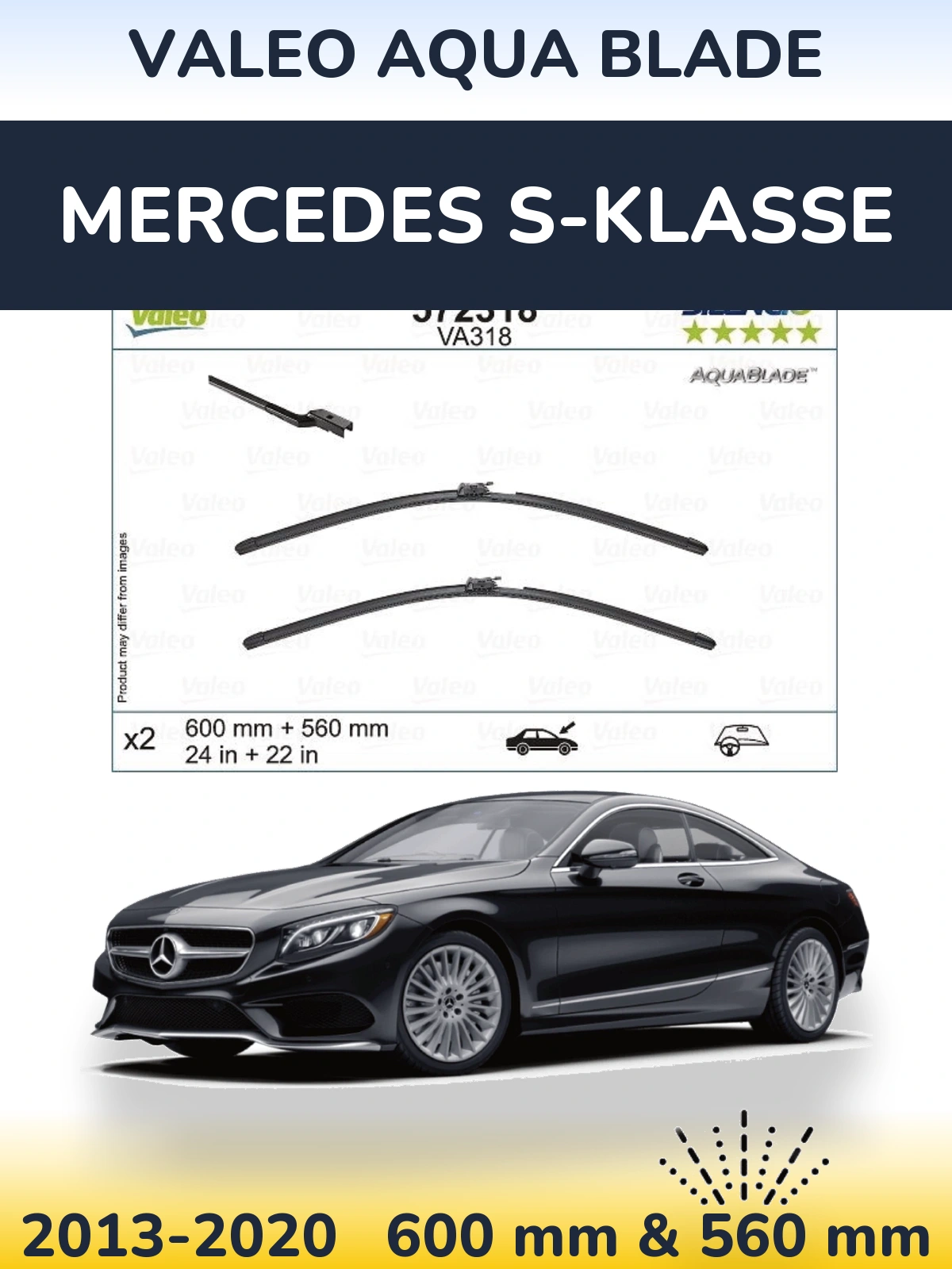 Front wiper blade set Valeo Aqua Blade 600 & 560 mm for Mercedes S-Klasse 2013-2020