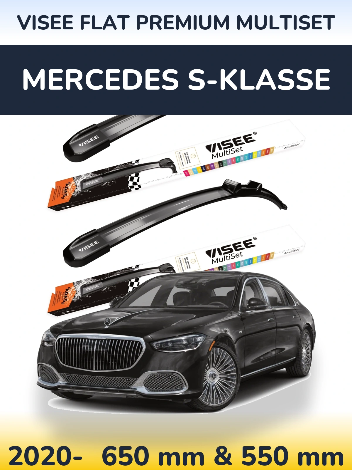 Front wiper blade set VISEE FLAT PREMIUM MultiSet 650 & 550 mm for Mercedes S-Klasse 2020-2026