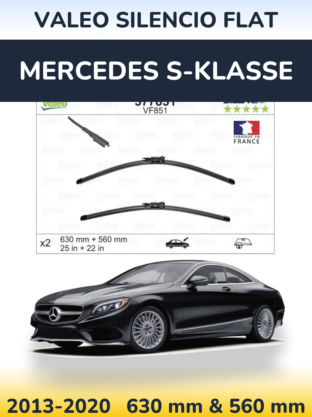 Front wiper blade set Valeo Silencio Flat 630 & 560 mm for Mercedes S-Klasse 2013-2020