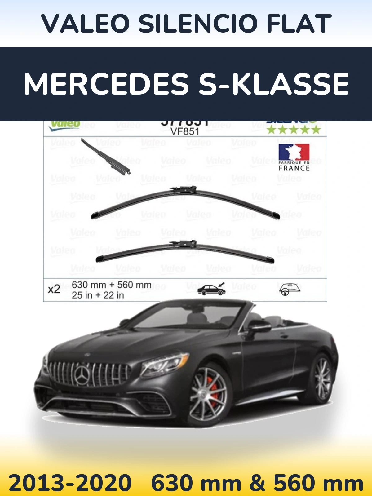 Front wiper blade set Valeo Silencio Flat 630 & 560 mm for Mercedes S-Klasse 2013-2020