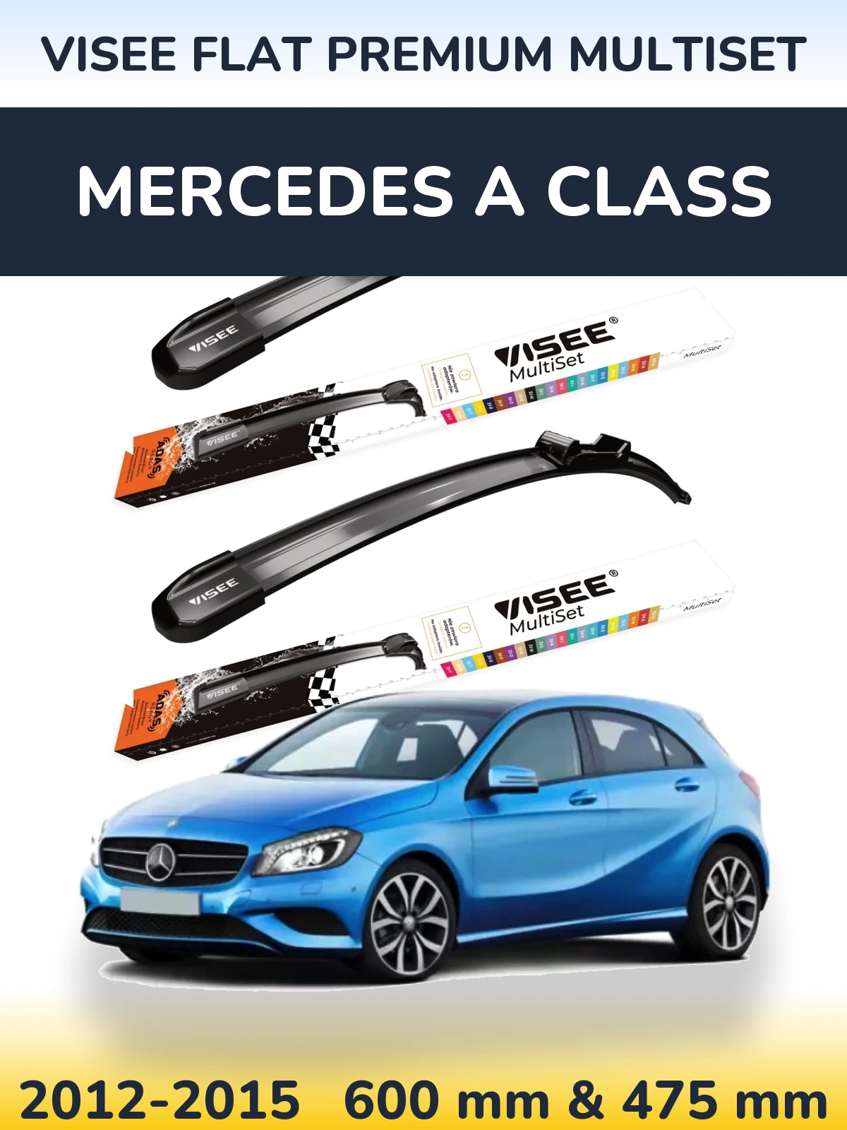Комплект передних дворников VISEE FLAT PREMIUM MultiSet 600 & 475 мм для Mercedes A Class 2012-2015