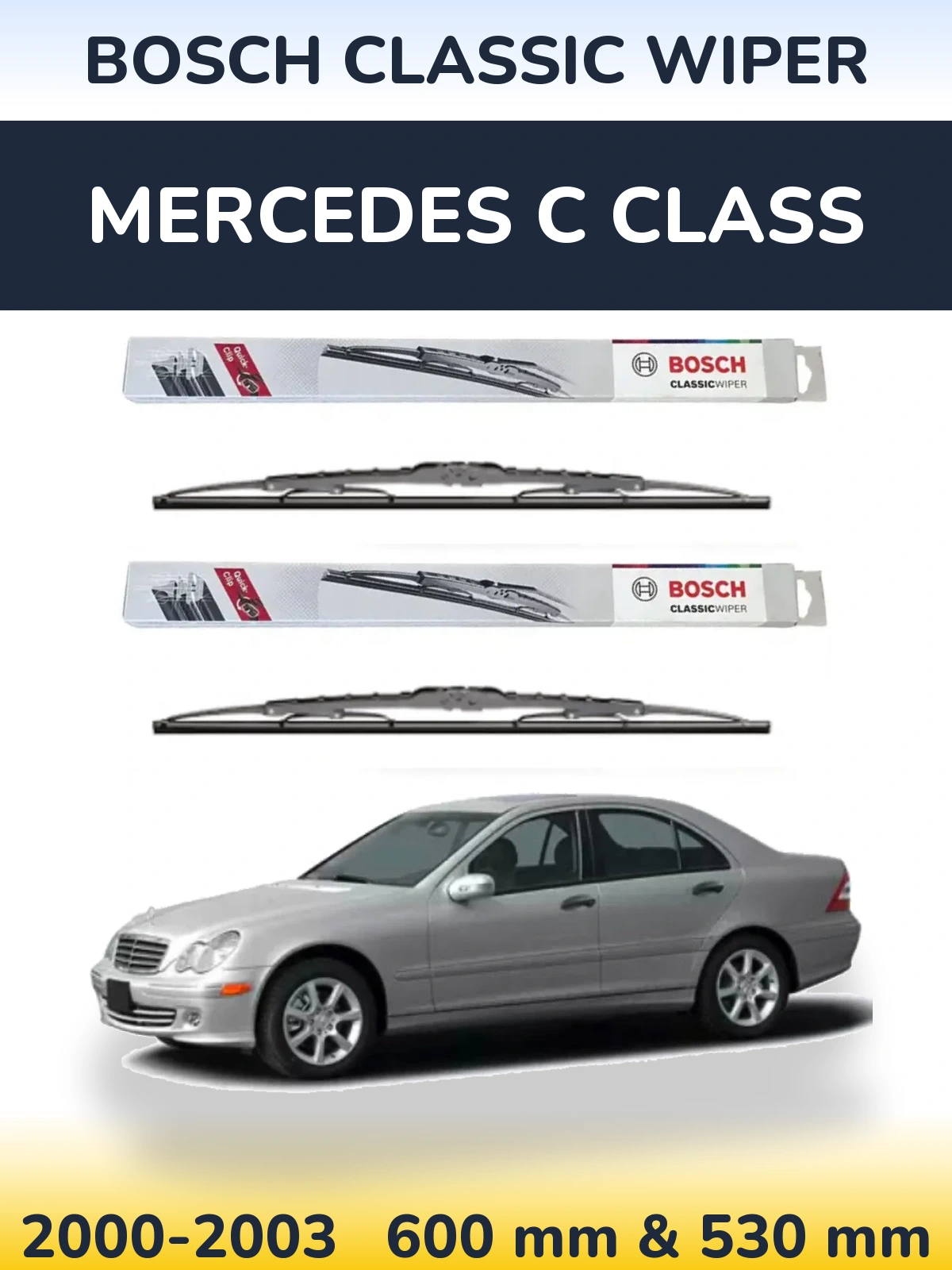 Front wiper blade set BOSCH Classic Wiper 600 & 530 mm for Mercedes C Class 2000-2003
