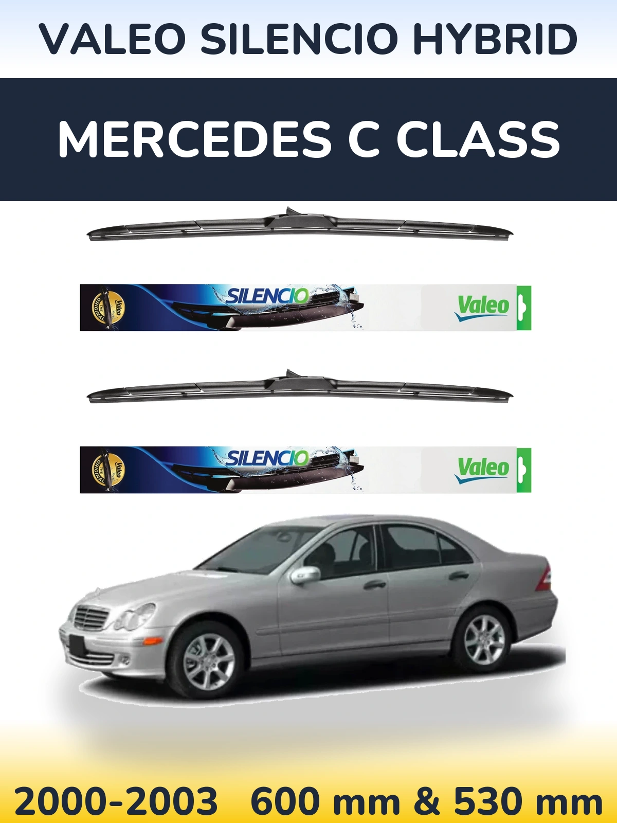 Front wiper blade set Valeo Silencio Hybrid 600 & 530 mm for Mercedes C Class 2000-2003