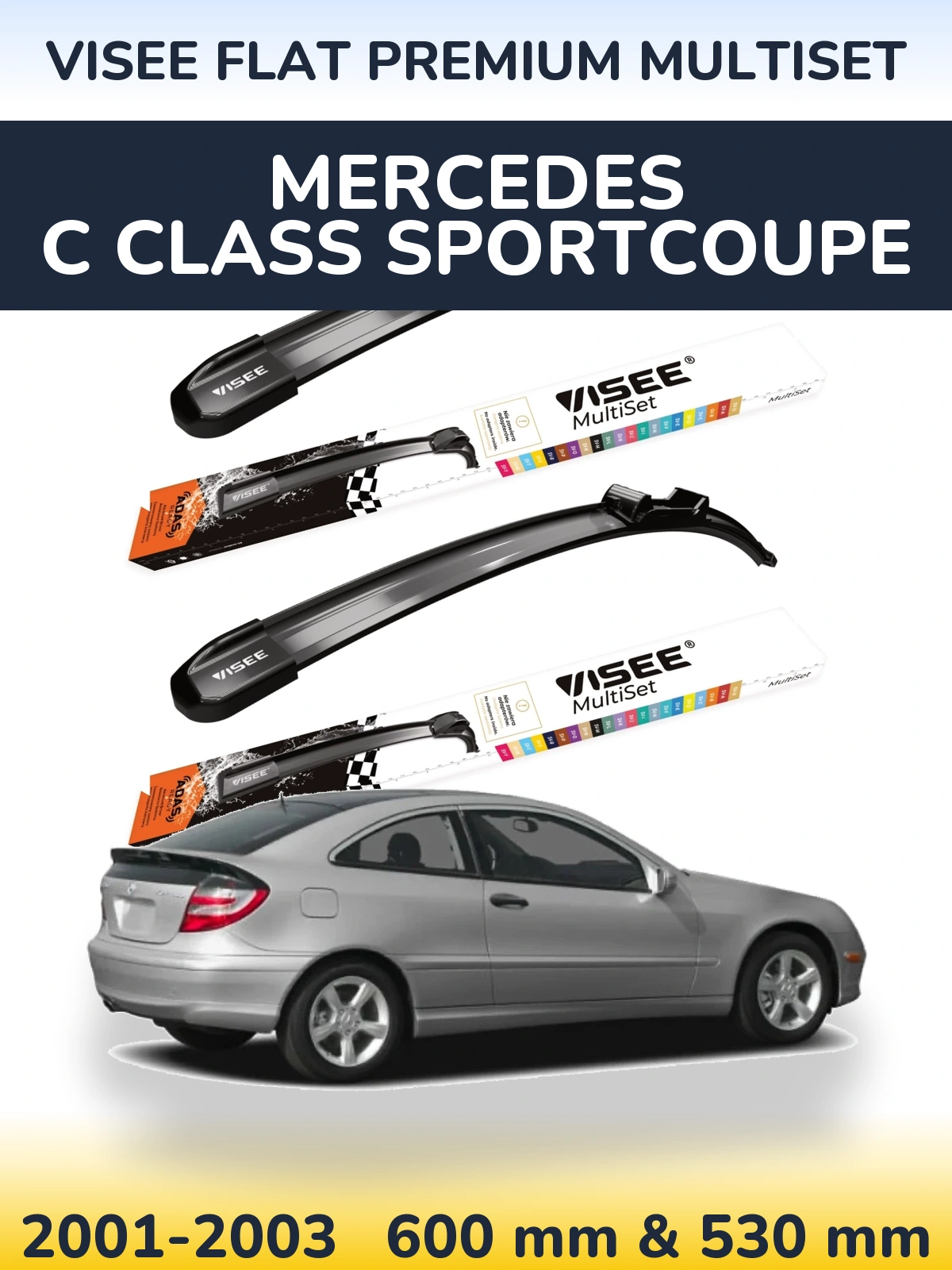 Front wiper blade set VISEE FLAT PREMIUM MultiSet 600 & 530 mm for Mercedes C Class Sportcoupe 2001-2003