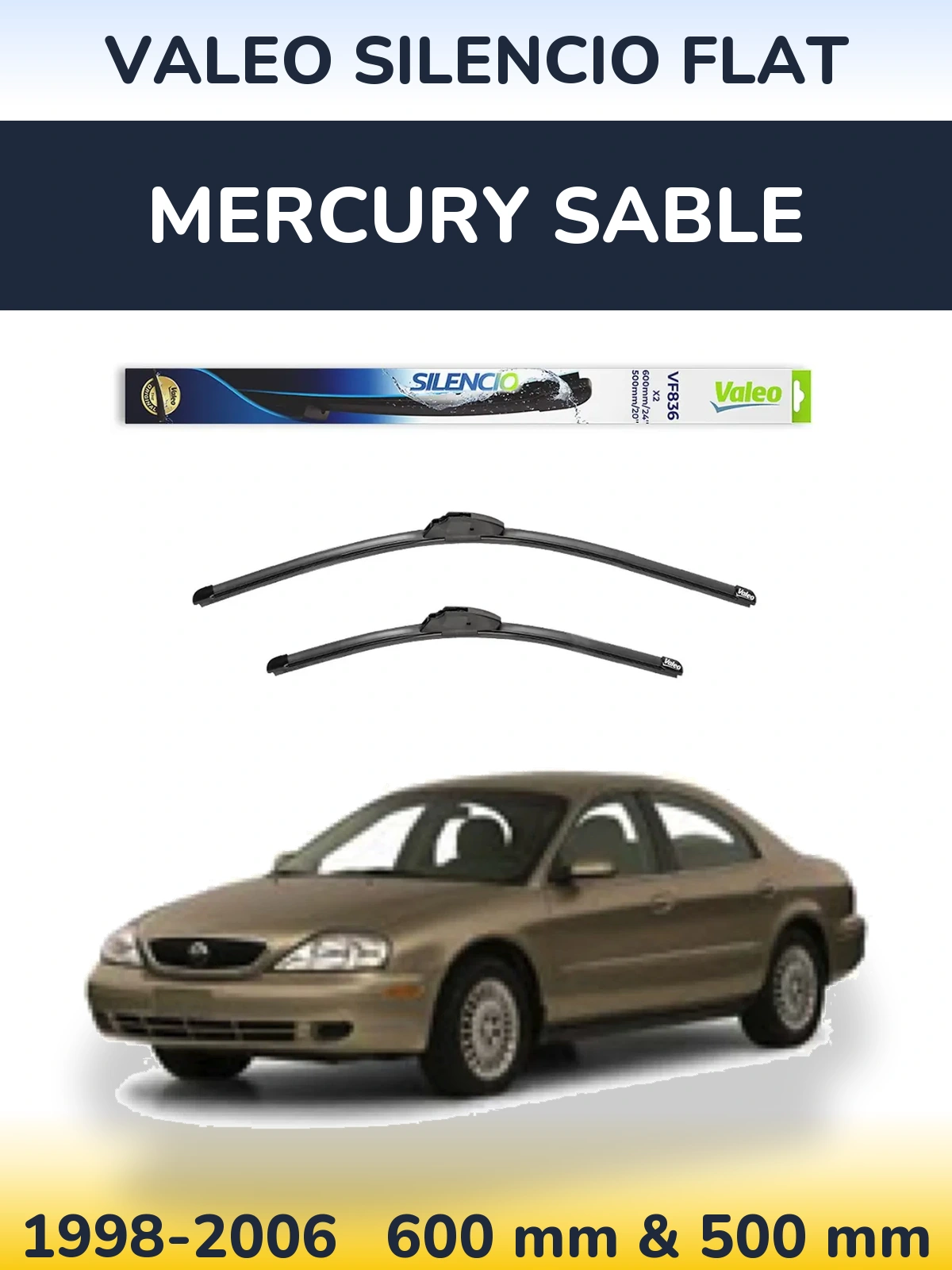 Front wiper blade set Valeo Silencio Flat 600 & 500 mm for Mercury Sable 1998-2006