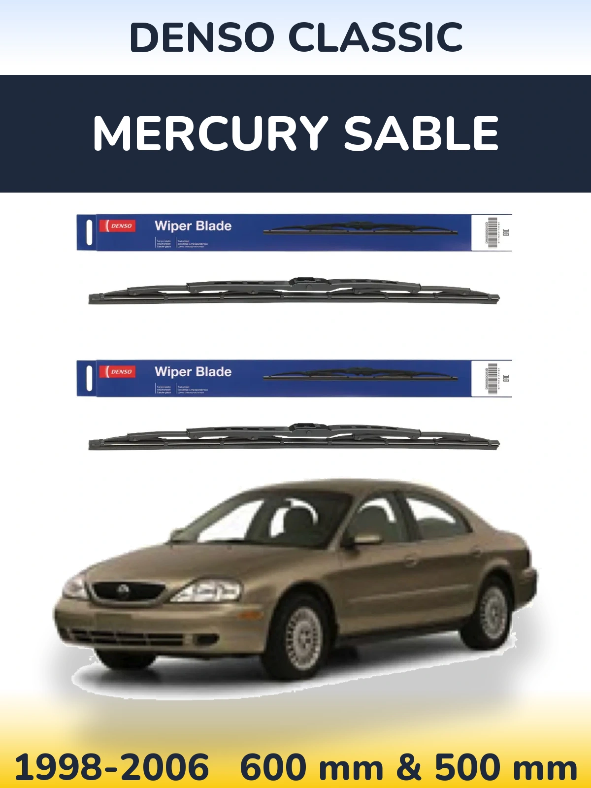 Front wiper blade set Denso Classic 600 & 500 mm for Mercury Sable 1998-2006
