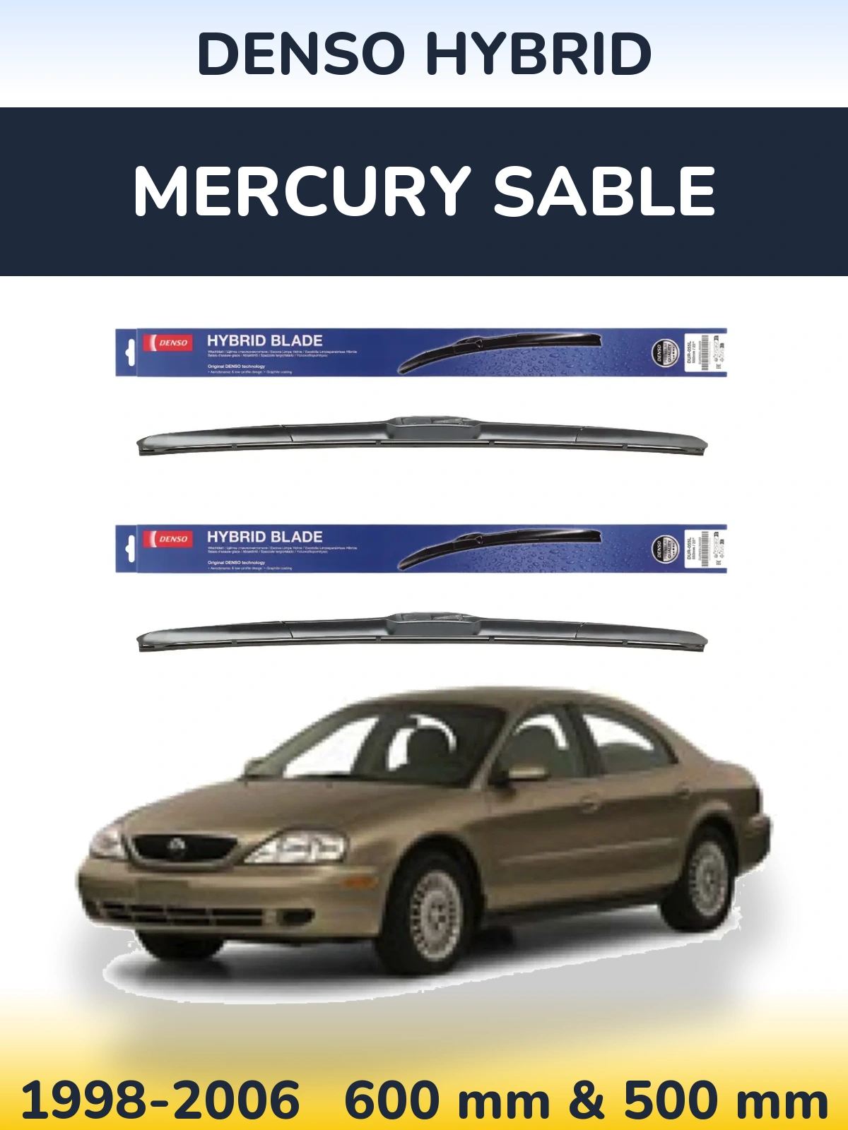 Front wiper blade set Denso Hybrid 600 & 500 mm for Mercury Sable 1998-2006
