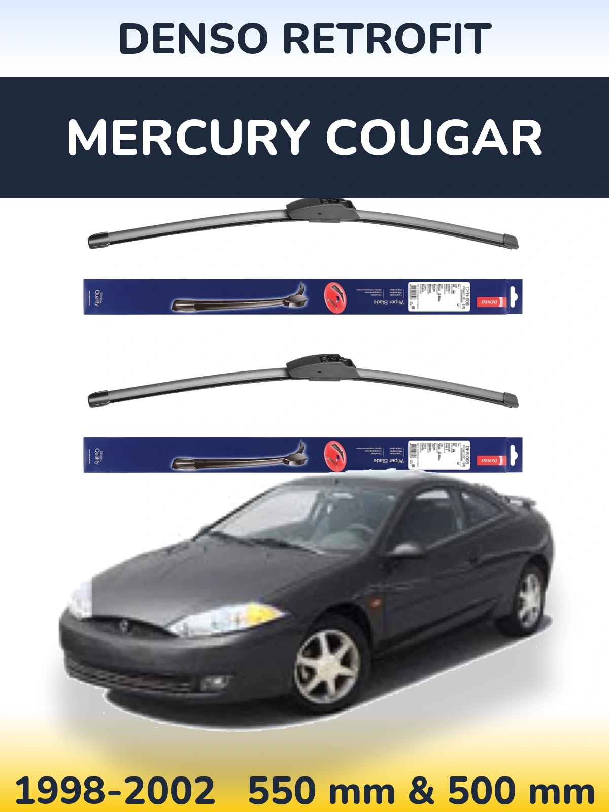 Front wiper blade set Denso Retrofit 550 & 500 mm for Mercury Cougar 1998-2002