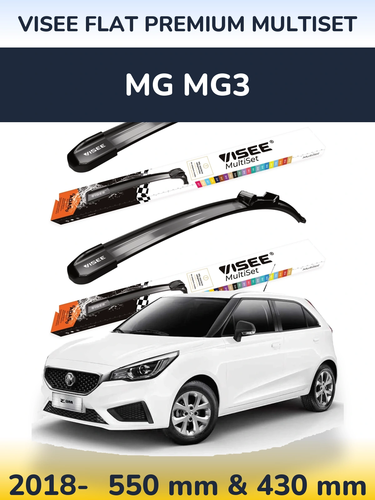 Front wiper blade set VISEE FLAT PREMIUM MultiSet 550 & 430 mm for MG MG3 2018-2026
