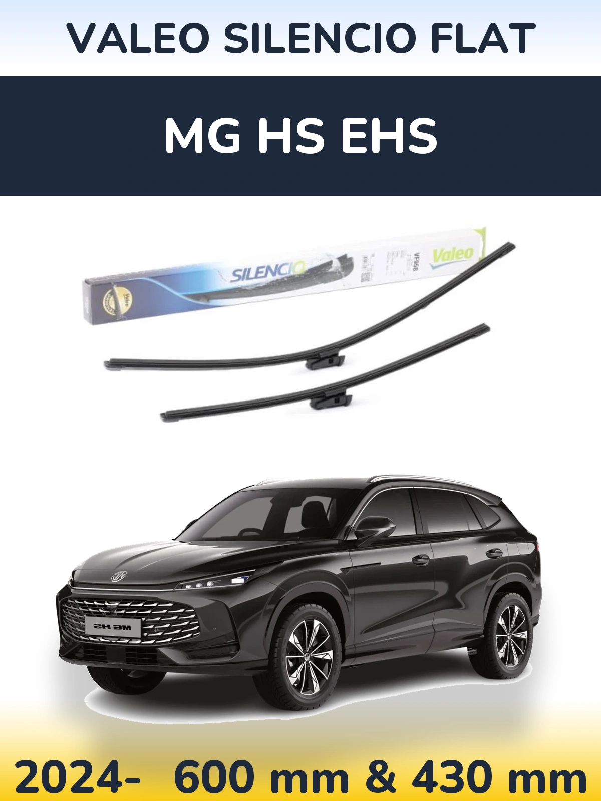 Front wiper blade set Valeo Silencio Flat 600 & 430 mm for MG HS eHS 2024-2026