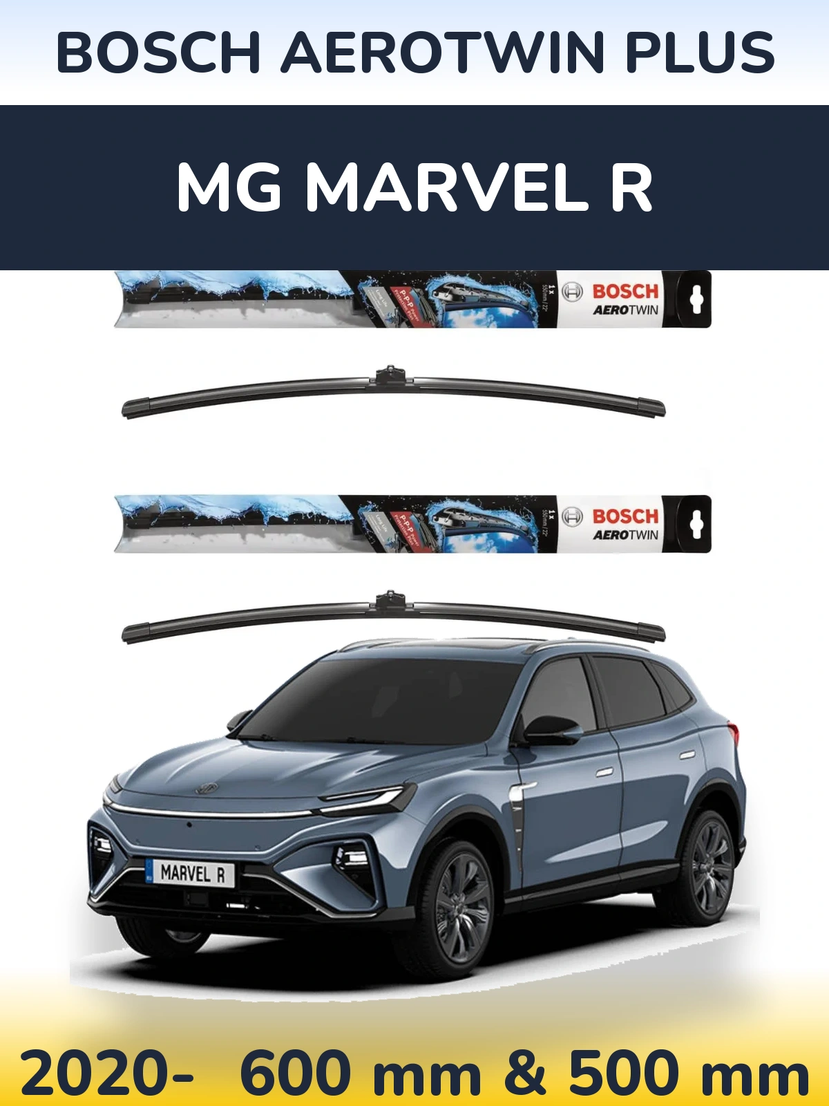Front wiper blade set BOSCH AeroTwin Plus 600 & 500 mm for MG Marvel R 2020-2026