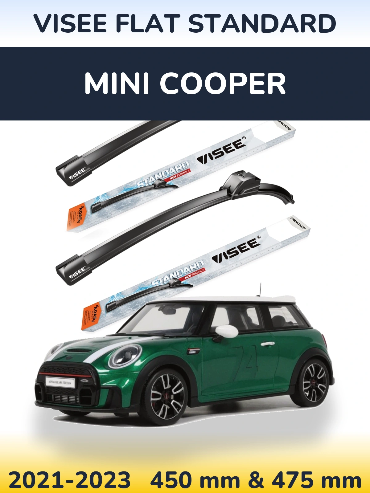 Front wiper blade set VISEE FLAT STANDARD 450 & 475 mm for MINI Cooper 2021-2023