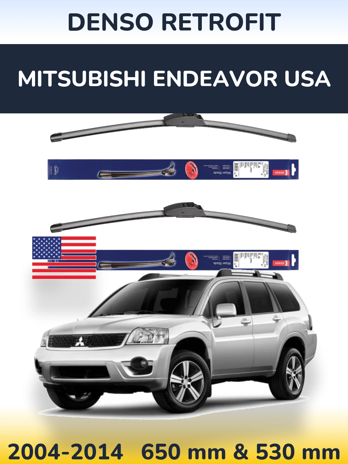 Front wiper blade set Denso Retrofit 650 & 530 mm for Mitsubishi Endeavor USA 2004-2014