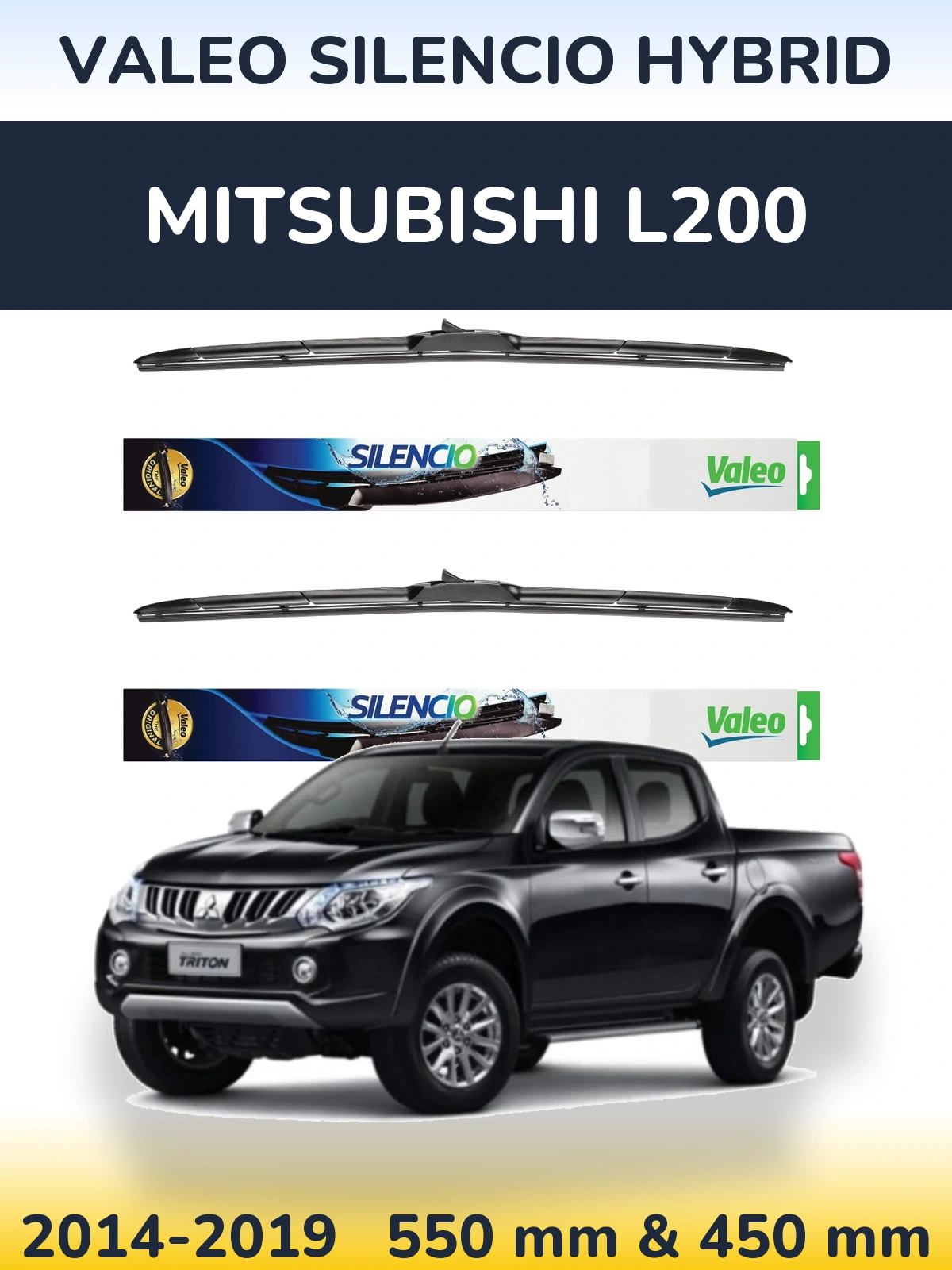 Front wiper blade set Valeo Silencio Hybrid 550 & 450 mm for Mitsubishi L200 2014-2019