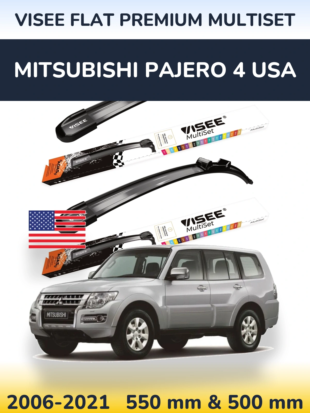 Front wiper blade set VISEE FLAT PREMIUM MultiSet 550 & 500 mm for Mitsubishi Pajero 4 USA 2006-2021