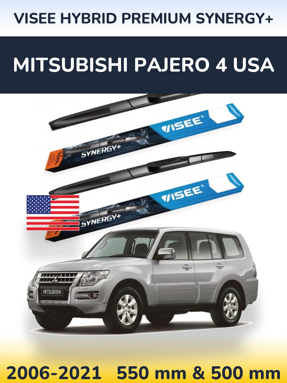 Front wiper blade set VISEE HYBRID PREMIUM SYNERGY+ 550 & 500 mm for Mitsubishi Pajero 4 USA 2006-2021